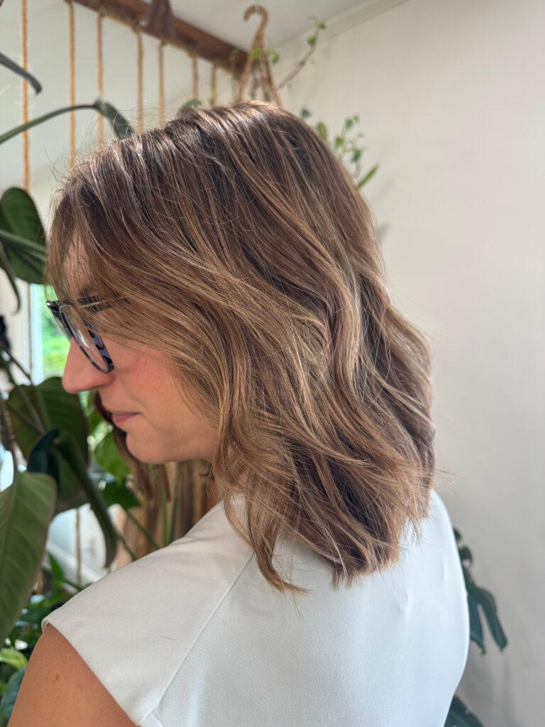 Caramel lob with face-framing layers